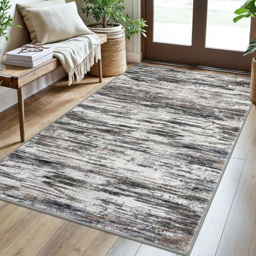 3x5 Grey Brown Modern Abstract Rug for Farmhouse, Super Soft Washable Rug with Non-Slip, Low-Pile Indoor Door Area Rug for Living Room Bedroom, Carpet with Non-Shedding