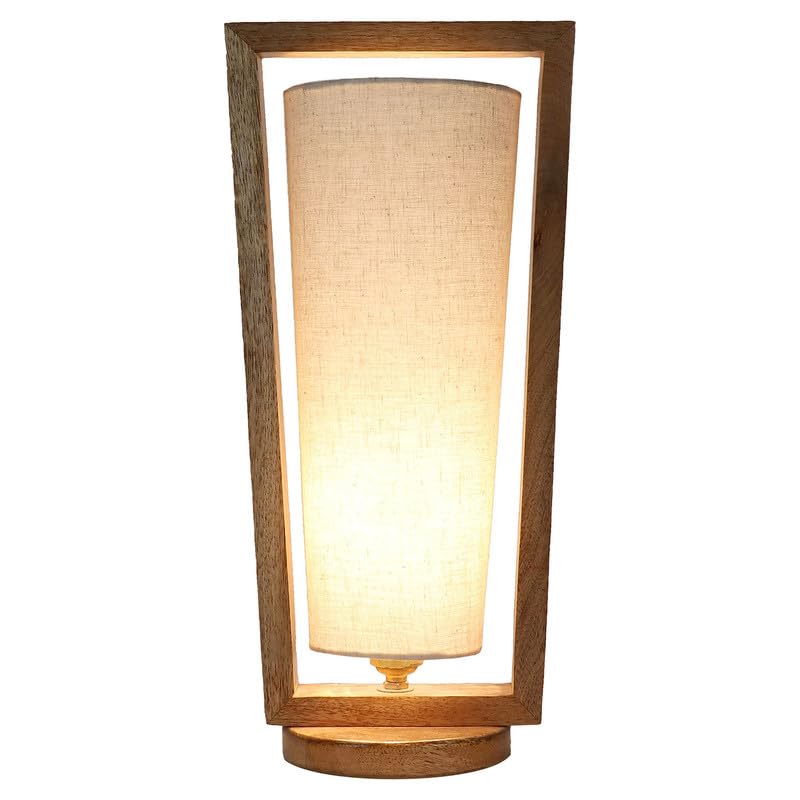 Image of tu casa Wooden Table Lamp Mango Wood Fabric Shade Bedroom 40cm