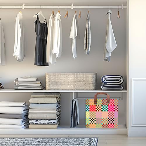 Image of Colorful Checkered Storage Basket Waterproof Canvas Toy Storage Bin Checkered Home Decor Collapsible Outdoor Basket with Leather Handles Blanket Baskets For Closets,Bedrooms,Classroom,Gifts Baskets
