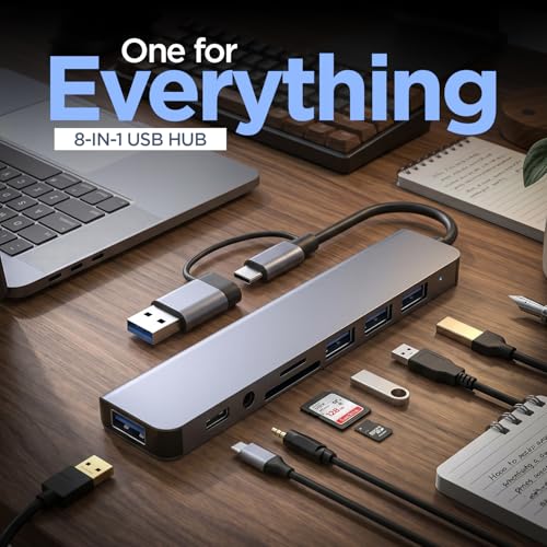 Image of UNIGEN 8-in-1 Multiport USB Hub with Dual USB-C & A Connector | 5Gbps High-Speed Transfer | USB 3.0 & 2.0 Ports | SD /TF Card Reader | 3.5mm Audio Jack | Compatible with Laptop, MacBook, PC & Tablet