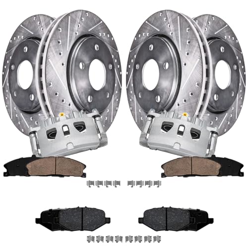 Image of Detroit Axle - Brake Kit for Ford Explorer Flex Taurus Police Interceptor Sedan Utility Lincoln MKS MKT, Front Brake Calipers, Front Rear Drilled Slotted Brakes Rotors Ceramic Brakes Pads Replacement