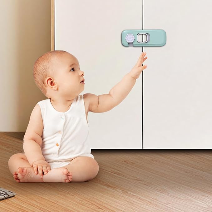 Image of 2 Pack Child Proof Refrigerator Lock, Fridge, Cabinets, Freezer Door Lock Apply to Max 1 inch(25mm) Sealing Strip for Toddlers and Kids, No Tools Need or Drill - Grey (Green, 2) | Self Adhesive, Heavy Duty, Strong Adhesive, 360 Degree Rotating