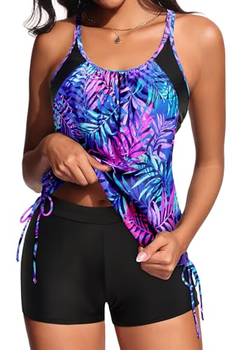 Image of Holipick Blouson Tankini Swimsuits for Women - Two Piece Tummy Control Bathing Suit with Shorts Modest Swimwear