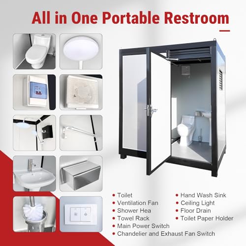 Image of Portable Toilet Cabin, Outdoor Shower Room with Adjustable Shower Head, Sink, Lights and Ventilation Fan, Mobile Restroom for Construction Sites, Camping, Events and Remote Locations