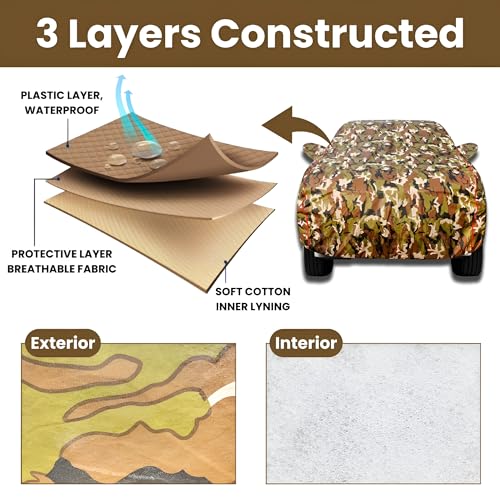 Image of Waterproof Car Body Cover for Range Rover Evoque with Mirror Pocket, Soft Cotton Lining, Triple Stitched, Full Bottom Elastic (Heat Resistant Jungle Print with Red Piping)