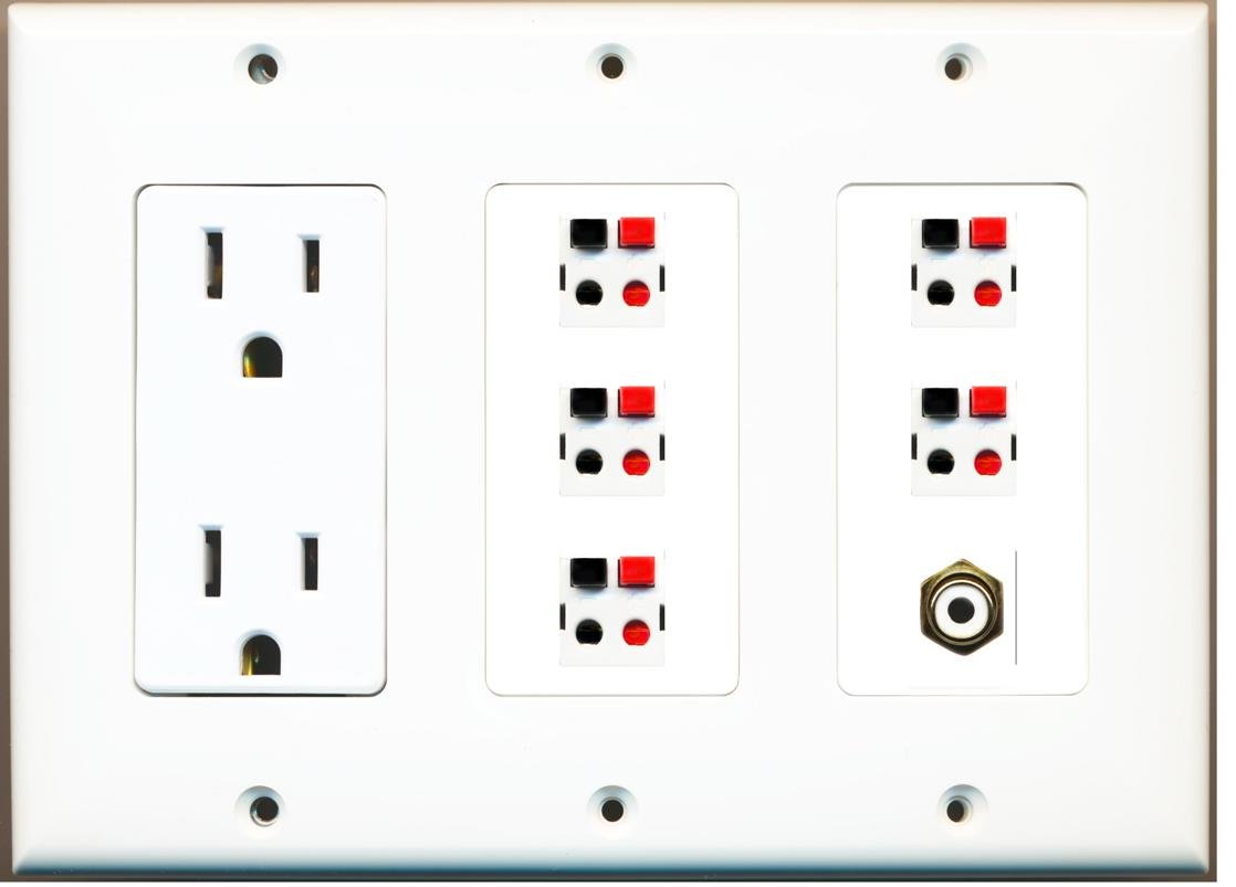 RiteAV - (3 gang) gniazdo zasilania 15 A RCA białe gniazdo głośnikowe 5 płyta ścienna biała