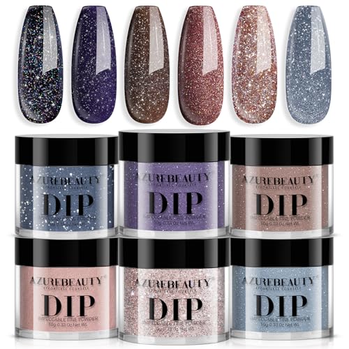 AZUREBEAUTY Dip Powder Nail Set 6 Colors Dark Light Blue Purple Brown Wine Red Shimmery Sparkle Shiny Fall Winter Dipping Powder Starter Kit French Nail Art Manicure Salon No Need Nail Lamp Cured