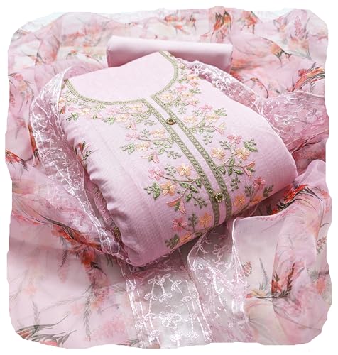 Image of Rubani Women's Heavy Chanderi Cotton Embroidery Work Unstitched Salwar Suit Dress Material With Organza Printed Dupatta(Free Size)