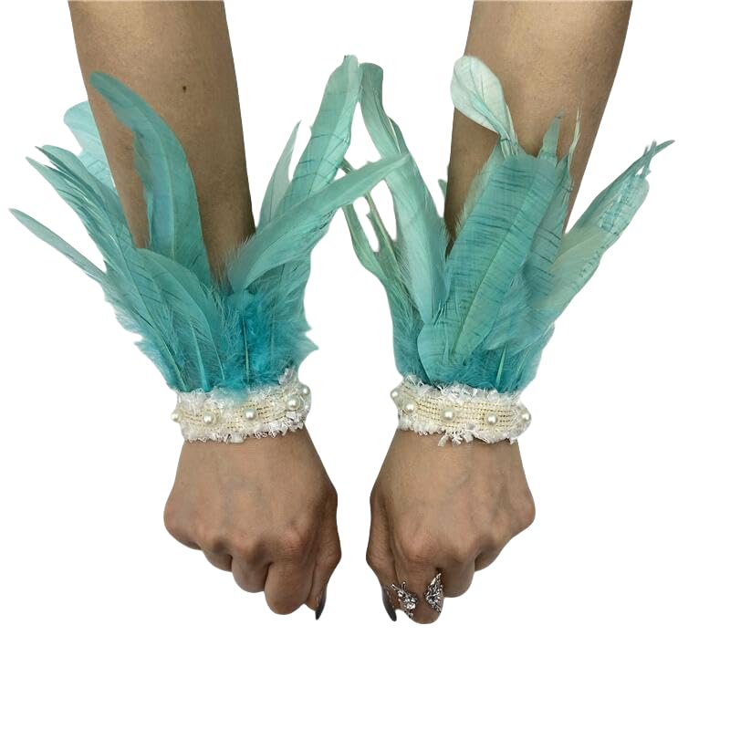 Feather Pearl Lace Wrist Cuffs – Gothic Costume Bracelets for Halloween, Masquerade, Cosplay, Party or Stage Performance (Pure Sky Blue)