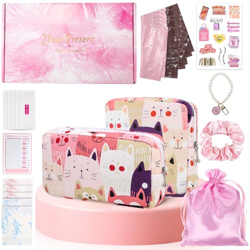 Image of 22 PCS First Period Starter Kit Gift for Teen Girls Period Bags for Teen Tweens Girls with Sanitary Pad Storage Bag, Wipes, Menstrual Tracker, Disposal Pouches and More (Cats)