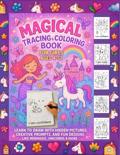 Magical Tracing & Coloring Book for Girls Ages 4–12: Learn to Draw with Hidden Pictures, Creative Prompts, and Fun Designs like Mermaids, Unicorns & More
