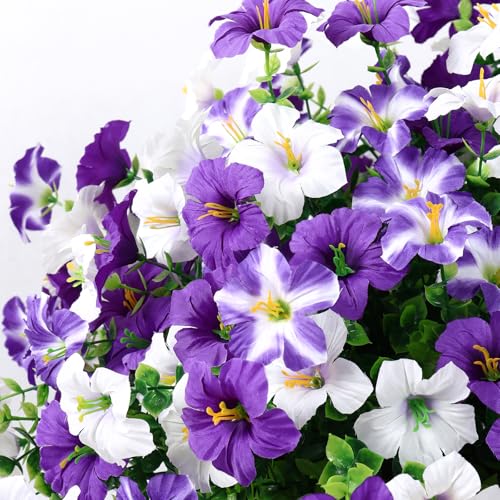 KHOYIME Artificial Flowers for Outdoor Decoration, 12PCS Faux White Purple Petunias Silk Flower UV Resistant Realistic Fake Plants for Outside Planter Garden Porch Yard Spring Summ image 1