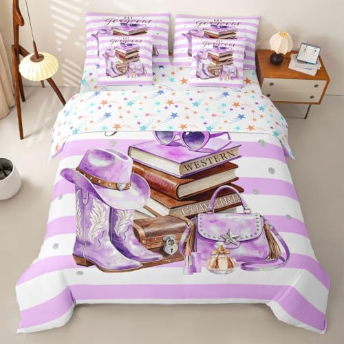 Loussiesd Juego de funda nórdica de 7 piezas, tamaño Super King, color morado y blanco, para niños y niñas, con funda de edredón, sábanas, fundas de almohada, fundas de cojín
