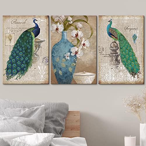 Wall26 - 3 Panel Canvas Wall Art - Decorative Peacock Canvas Art Set - Giclee Print Gallery Wrap Modern Home Art Ready To Hang - 16"X24" X 3 Panels #TOP2