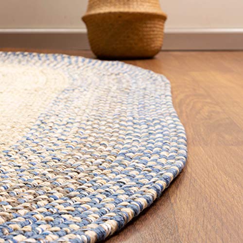 Super Area Rugs Ridgewood Farmhouse Braided Rug For Indoor Outdoor Patio/Porch Quick Dry Blue/Beige, 2' X 4' Oval Runner #TOP2