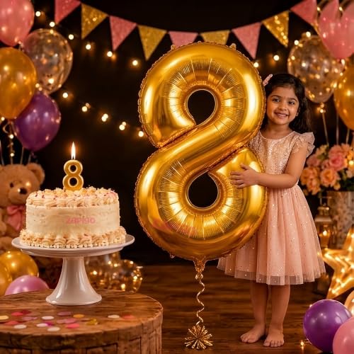 Image of Balloonistics Gold 40-Inch Foil Number 8 Balloon with Matching Number Candle - Combo Set for 8th Birthday, Anniversary, Party Decoration, Photo Booth Backdrop, Cake Table Decor
