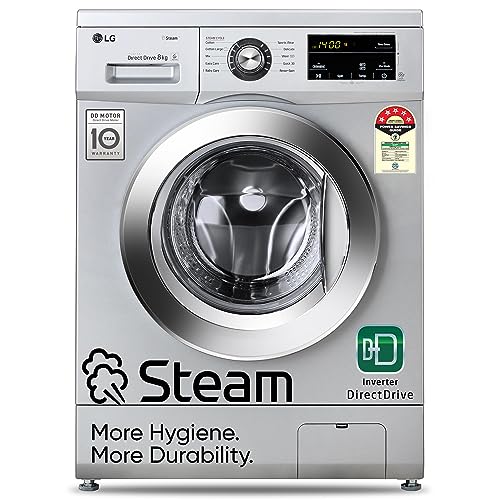LG 8 Kg 5 Star Inverter Direct Drive Fully Automatic Front Load Washing Machine (FHM1408BDL, Steam, In-Built Heater, Touch Panel, Silver)