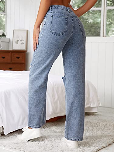 SweatyRocks Women's Straight Wide Leg High Waisted Jeans Ripped Distressed Cut Out Denim Pants2