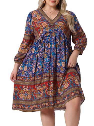 Image of Agnes Orinda Plus Size Summer Dress for Women Casual Boho Floral V Neck 3 /4 Sleeve Midi Short Beach Dress