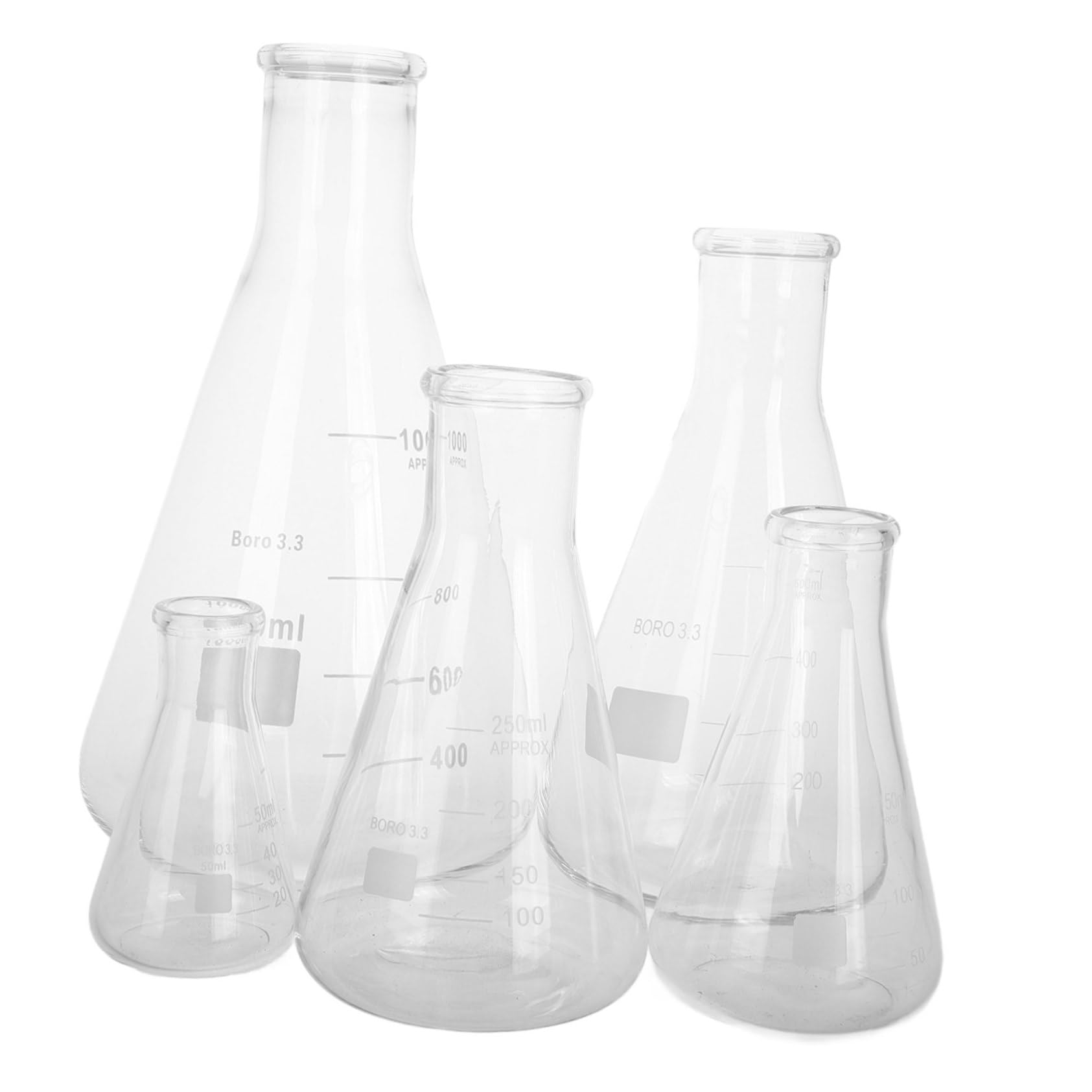 GLEAVI Matraz Erlenmeyer de Vidrio de Borosilicato, 5 Piezas | 50 Ml, 150ml, 250ml, 500ml y 1 L, Base Triangular Cónica, Resistente a Alta Temperatura