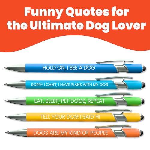 Image of Funny Dog Lover Gift Pen Set - 5 Black Ink Ballpoint Pens with Stylus Tip & Quality Metal Barrel with Doggy-Themed Quotes - Cool Dog Lover Gift for Women, Friends, Vet Tech, Pet Owner, Coworker