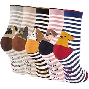 Niorasen Bunte Lustige Socken Damen aus Baumwolle 5 Paar, Neuheit Weihnachtssocken Katzensocken Motivsocken, Witzige Coole Süße Karikatur Tier Motiv Socken Geschenk für Frauen, Gestreifter Hund