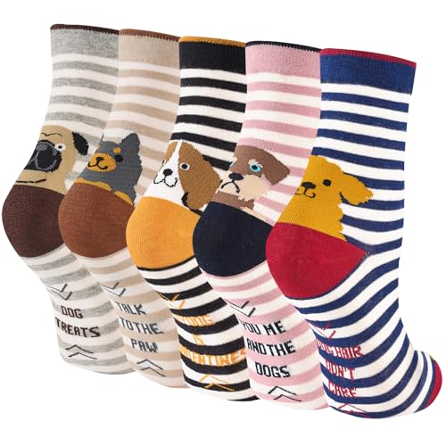 Niorasen Bunte Lustige Socken Damen aus Baumwolle 5 Paar, Neuheit Weihnachtssocken Katzensocken Motivsocken, Witzige Coole Süße Karikatur Tier Motiv Socken Geschenk für Frauen, Gestreifter Hund