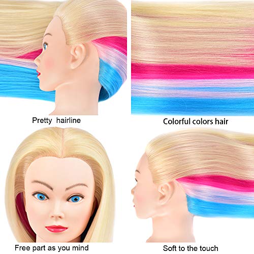 Image of Mannequin Head with Colorful Hair - 28 inch Long Straight Synthetic Hair Training Head with Clamp for Styling, Braiding, and Dye Practice (613)