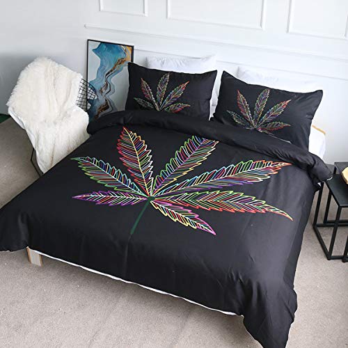 BlessLiving Colorful Maple Leaves Pattern Duvet Cover 3 Pcs Autumn Foliage Bedding Black Neon Leaf Bedspread Stylish Bedroom Decor (Full)