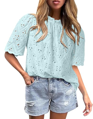 BETTE BOUTIK Womens Lace Tops 2025 Trendy Long Short Sleeve Eyelet Embroidered Dressy Casual Blouse Shirts