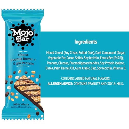 Image of Mojo Bar Energy Bars Choco Peant Butter + 5gm Protein | 100% Whole Grains, Nut & Fruit | High Energy & Granola Bars | 5g Protein Snack | Pack of 6 x 32g Energy Bars | Gluten Free & No Preservatives