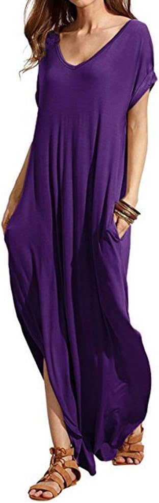 Match Women’s V-Neck Casual Loose Short Sleeve Long T-Shirt Dress Split Maxi Dress with Side Pocket