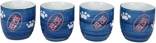 Miniatura 5 de Ebros Gift Juego de decantador japonés Maneki Neko de la suerte con gato esmaltado de cerámica azul con cuatro tazas, gran decoración asiática para