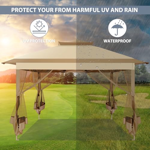 Image of COBIZI Pop Up Gazebo 11x11 One-Push Canopy Tent, Carpas Para Patio, Outdoor Canopy Shelter with Double Roof Ventiation 121 Square Feet of Shade for Lawn, Garden, Backyard and Deck, Khaki(Upgraded 2.0)