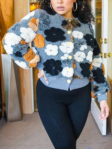 KANSOON Bomber Jacket Women Cropped Floral Button Down Varsity Jacket Long Sleeve Casual Streetwear Fall Winter Warm Coat4