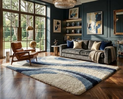 Image of SWEET HOMES Luxury Abstract Shag Rug, Thick Soft Square Area Carpet for Living Room, Bedroom, 11 x 11 Feet (335 x 335 cm), Slate Navy