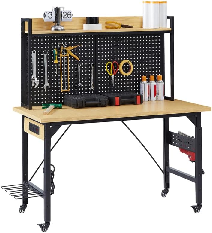 1 Set Work Bench: Movable Welding Table - Adjustable Workbench with Pegboard 48 Inch - 1600 Lbs Load Capacity Work Table with Ac/USB Outlets & Lockable Casters,for Garage Workshop
