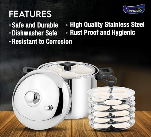 Image of VARCHAS Stainless Steel Idli Cooker with 6 Plates and Lid | 24 Idlis | Idly Maker | Silver | Gas and Induction | Holder /Lifter