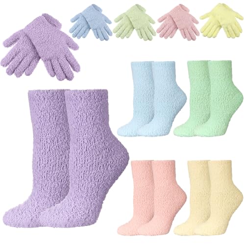 Foaincore 10 Pair Fuzzy Socks and Fuzzy Gloves Set Warm Plush Stocking Soft Gloves Home Sleeping Winter Slipper Socks