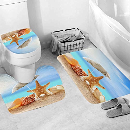 Makaor Bathroom Rugs Set of 3, Ocean Beach Style Non Slip Washable Bath Shower Mat, Contour Mat & Toilet Lid Cover,Flannel Soft & Quick Dry,Super Absorbent Rug (C, Size A)