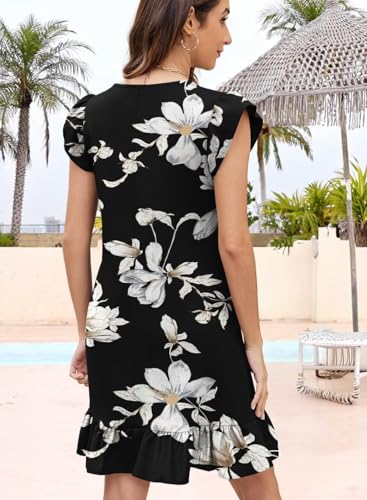 Image of QACOHU Spring Summer Dresses for Women 2026 V Neck Cap Sleeve Ruffle Hem Smock Short Casual Beach Dress