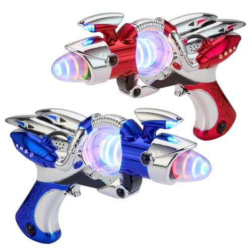 Playbees Light-Up Noise Blaster - Red & Blue 2 Pack - 11.5 Inches - Super Spinning Space Sound Effects with Futuristic Power Galaxy Ranger FX for Party Favor, Novelty, Bag Stuffer for Ages 5+