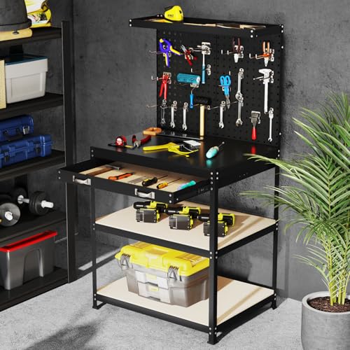Goplus 32" x 16" Workbench, Heavy-Duty Work Table with 2 PCS Pegboard, Drawer & 4 Shelves, 19 Hanging Hooks, 495LBS Capacity, Metal Tool Work Bench for Garage, Workshop, Home - Image 8