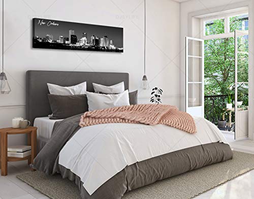 Image of DJSYLIFE Black and White New Orlean City Skyline Canvas Wall Art | 13.8 inchX47.3 inch Panoramic Cityscape Print, Ready to Hang for Bedroom, Office, Living Room Decoration