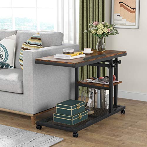 Tribesigns Height Adjustable C Table With Wheels, Mobile Couch Snack Side Table With Tiltable Drawing Board, Sofa Bedside Laptop Stand C Shaped Tv Tray With Storage Shelves (Brown) #TOP3