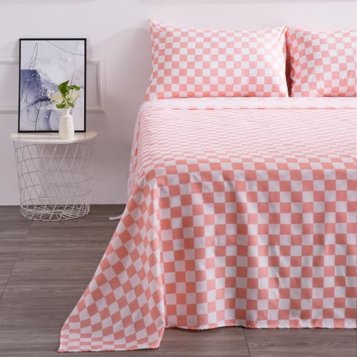 Image of Best Season Queen Size Sheet Set 4 Piece -Microfiber Soft Durable Bedding Sheet Set,Deep Pocket,Stain,Fade & Wrinkle Resistant (Plaid Coral&White)