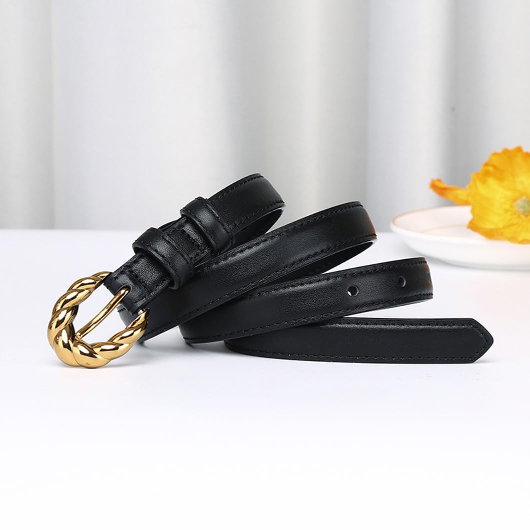Genérico Mujer Cinturón Ajustado Costuras Cinturones Hebilla De Púas Trenzado Dorado 1,8cm De Ancho Correa De Piel De Vacuno Fina(95cm/37, Black)