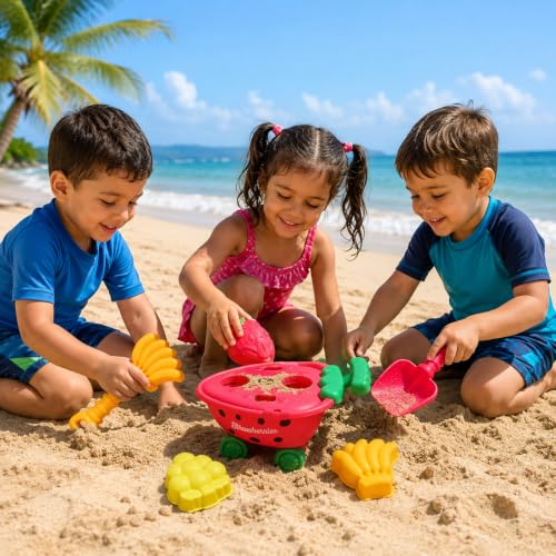 Image of WISHKEY Beach Toys for Kids 6 Pcs Fruit Beach Sand Toy Set with Strawberry Wheelbarrow, Sand Rake, Sand Shovel & Fruit Moulds Beach Sand Play Set for Boys & Girls ABS Plastic 18 Months+ Multicolor