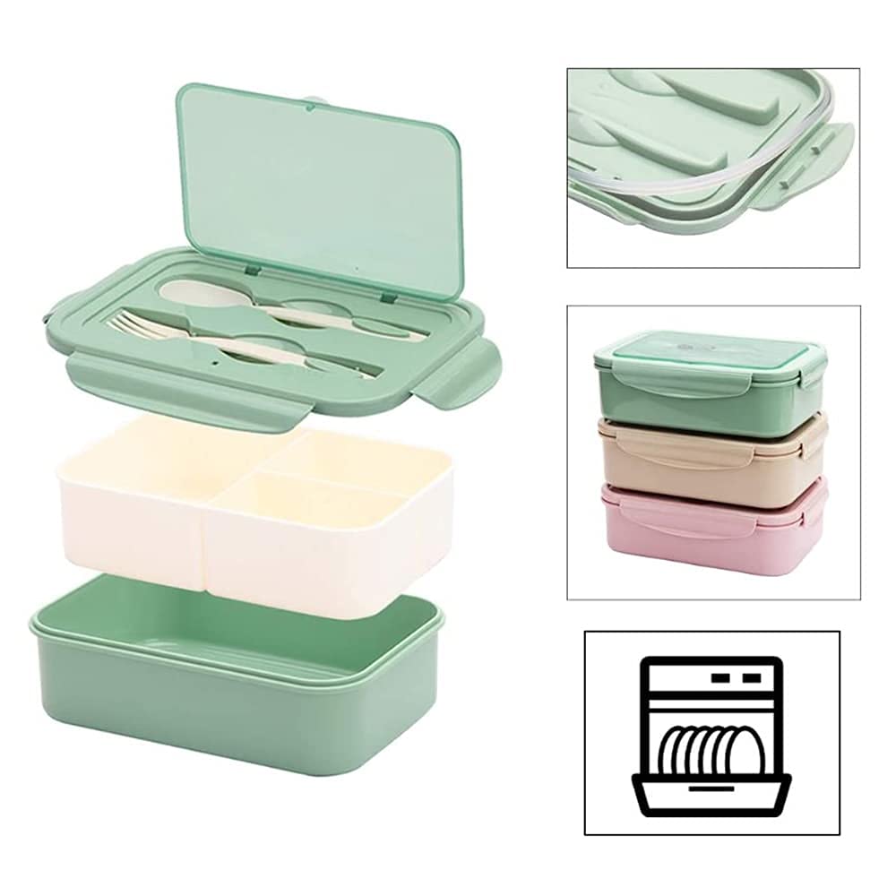 2 Scatole Bento Semplici, Scatole Bento Riutilizzabili, 3 Scomparti con Posate, Riscaldamento a Microonde, Adatto per Viaggi in Famiglia/Lavoro a Scuola