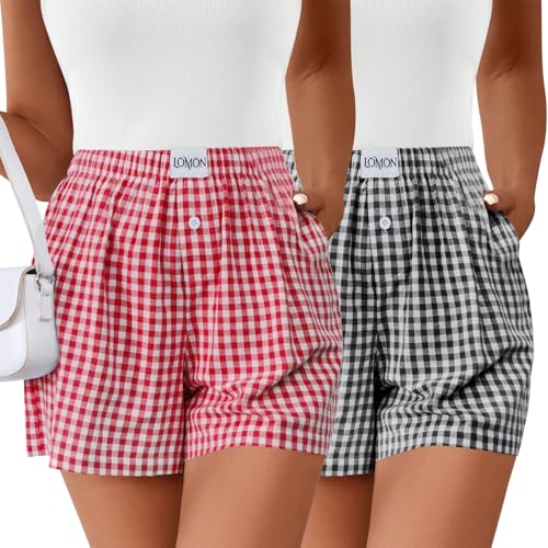 Image of LOMON Boxer Shorts for Women Summer Gingham Pajamas 2026 Lounge Sleep Pj Plaid Shorts Y2K Beach Bottoms with Pockets